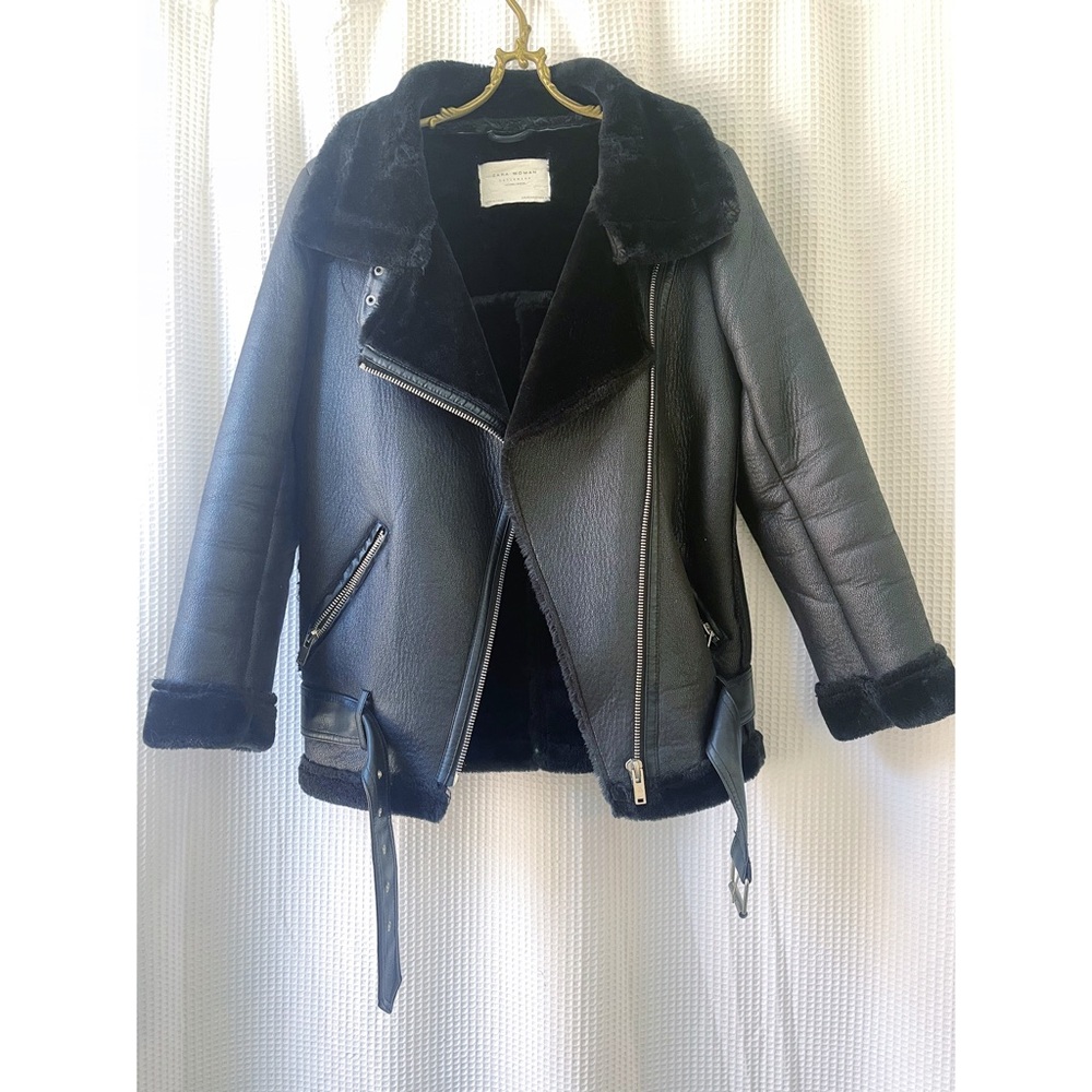 Zara vegan leather, faux fur-lined black moto jacket